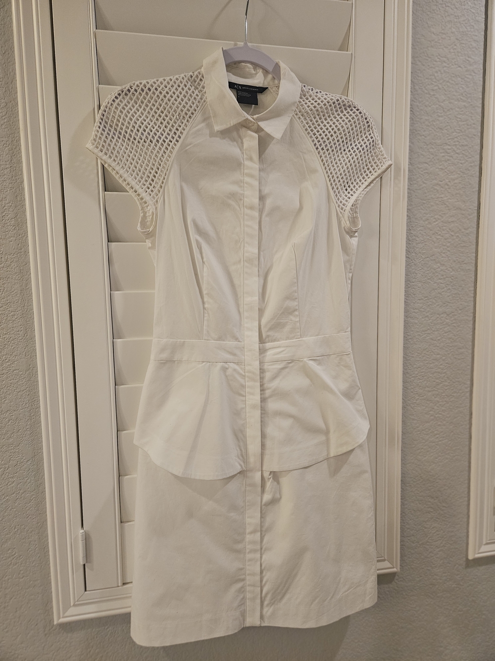 ARMANI EXCHANGE White Mesh Paneled Peplum Shirt Dress Size 2